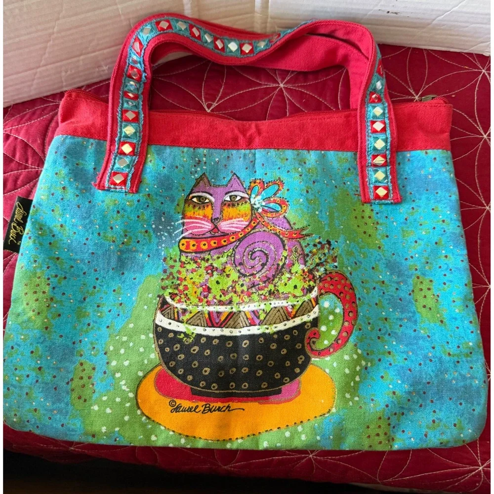 Laurel Burch Cat in Teacup Canvas Tote Bag Turquoise Red Mirror Straps Folk Art